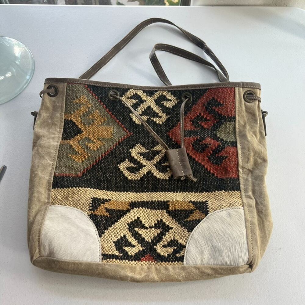 OHLAY Bucket Bag Milano Espec Drawstring Hair-On Genuine Leather Aztec Rug Woven - Picture 1 of 15